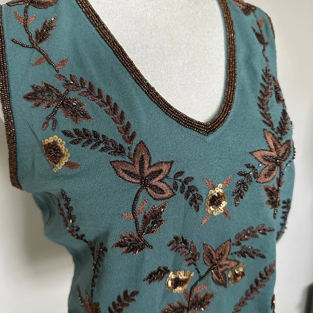 Teal Knit Beaded Tank Top -‎ SIZE M Jones New York Floral Sequins Fall Elegant - Picture 3 of 6